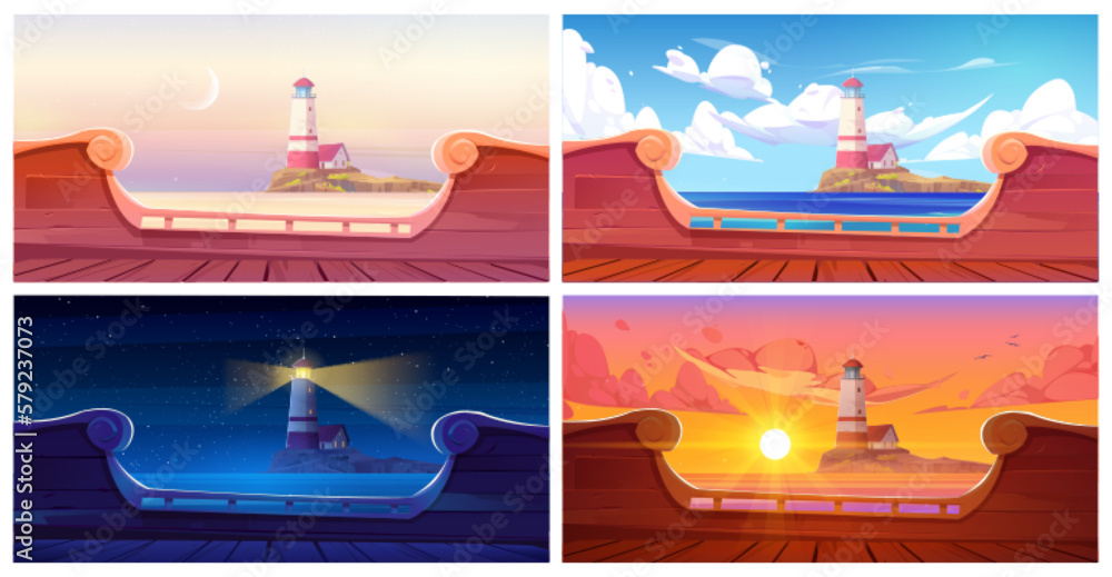 Wall mural lighthouse island view from old wooden ship board at night and day time. vector cartoon illustration - Wall murals