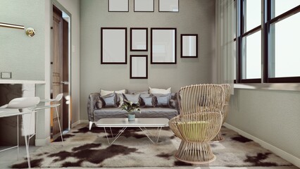 Rustic tiny house interior design with kitchen, living room and bedroom in mezzanine floor in warm sunset light. 3d rendering. Small bedroom interior. Tiny house interior.