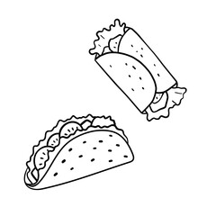 Taco illustration in doodle style. Outline food illustration. Line fastfood sketch