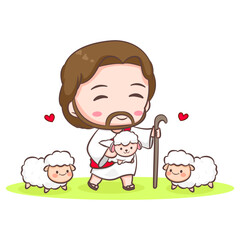 Cute Jesus Christ and the sheep cartoon. Hand drawn Chibi character isolated white background. Christian Bible for kids. Mascot logo icon vector art illustration