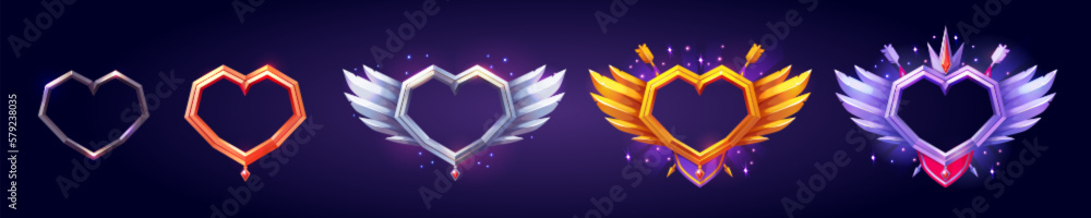 Poster fantasy game avatar frames in heart shape. ui icons of ranking badges, empty button frames with meta