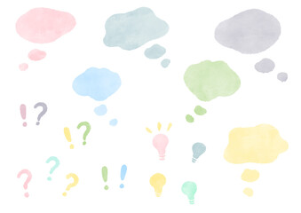 Pop pastel speech bubble, thinking and exclamation point! ? background cute hand drawn watercolor illustration / ポップなパステルカラーの吹き出し、考え中、感嘆符！？の背景 かわいい手描きの水彩イラスト