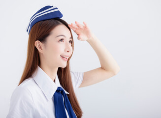 Airplane stewardess young woman looking far away isolated on white