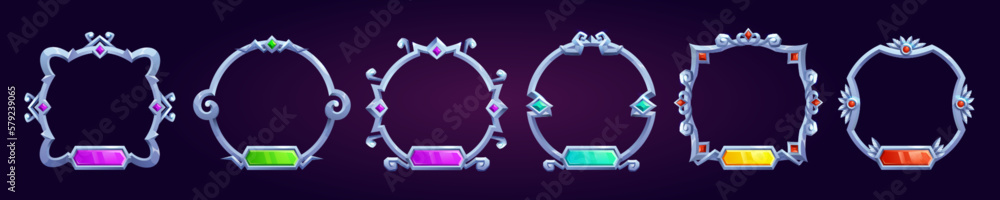 Poster circle fantasy game user avatar border set for rpg game. silver medieval ui frame in vector for winn