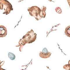 Watercolor seamless pattern with easter bunnies, easter eggs, nests, willows, easter print