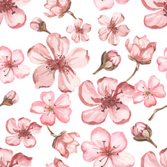 Watercolor seamless pattern with spring flowers cherry pink, spring print