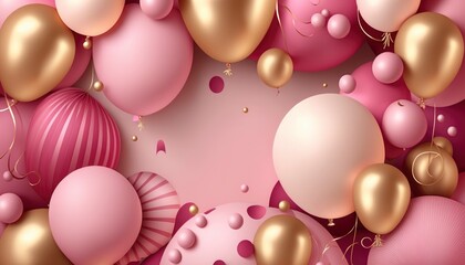 pink and gold balloons with a frame, garland decoration elements, frame arch wedding event gender reveal birthday celebration, generative ai, happy joyful fun party, baby shower, empty copy space