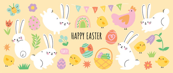 Lamas personalizadas con tu foto Happy Easter comic element vector set. Cute hand drawn rabbit, chicken, easter egg, spring flowers, leaf branch, butterfly. Collection of doodle animal and adorable design for decorative, card, kids.