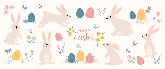 Happy Easter comic element vector set. Hand drawn cute playful rabbit, easter eggs, spring flowers, leaf branch, butterfly. Collection of doodle animal and adorable design for decorative, card, kids.