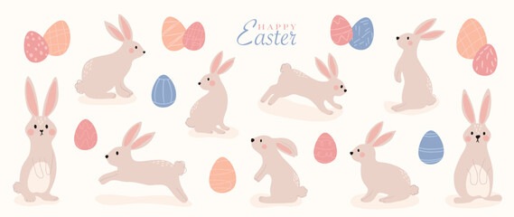 Happy Easter comic element vector set. Hand drawn cute rabbit, playful bunny in different characters and easter eggs. Collection of doodle animal and adorable design for decorative, card, kids.