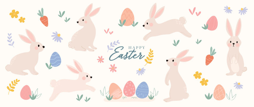 Happy Easter comic element vector set. Hand drawn cute playful rabbit, easter eggs, spring flowers, leaf branch, carrot. Collection of doodle animal and adorable design for decorative, card, kids.