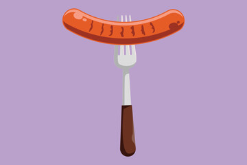 Cartoon flat style drawing stylized sausage on fork logotype, label, sticker, symbol. Cooked hot fried sausage. Grill picnic template. For restaurant or cafe menu. Graphic design vector illustration