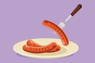 Graphic flat design drawing sausage on fork on plate logotype, label, sticker, symbol. Cooked hot fried sausage. Grill picnic template. For restaurant or cafe menu. Cartoon style vector illustration