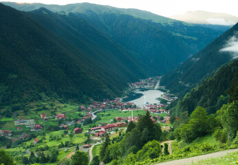 Fototapeta na wymiar Uzungol with a wonderful view. It is the most popular touristic place of Trabzon province. Turkey 