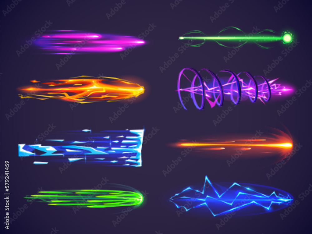 Poster beam laser effect for weapon or gun in game vector. magic blaster explode shot with energy and light