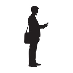 Businessman with bag texting on mobile vector silhouette.