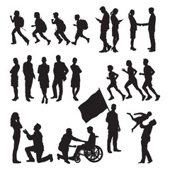 Set of various people activities vector silhouette.
