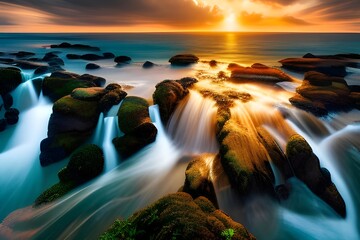 Fototapeta Zachód słońca nad wodą, kamienisty brzeg ze spiętrzoną wodą, skały i duże kamienie na brzegu, wysoki stan wody przelewającej się przez brzeg. obraz