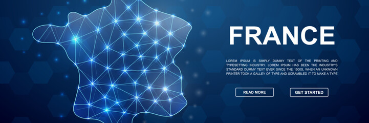 Obraz premium France 3d low poly head promotion banner. France map design illustration concept. Horizontal polygonal Country map poster illustration