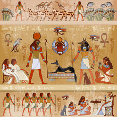 Ancient Egypt scene, mythology. Egyptian gods and pharaohs. Murals hieroglyphic carvings on the exterior walls. Vector illustration - 579242221