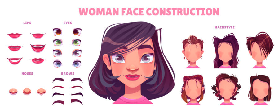 Woman face avatar construction vector set. Create female game character with mouth, nose, hair and eyes. Girl constructor kit illustration. Pretty brunette lady diy icon pack with custom element.