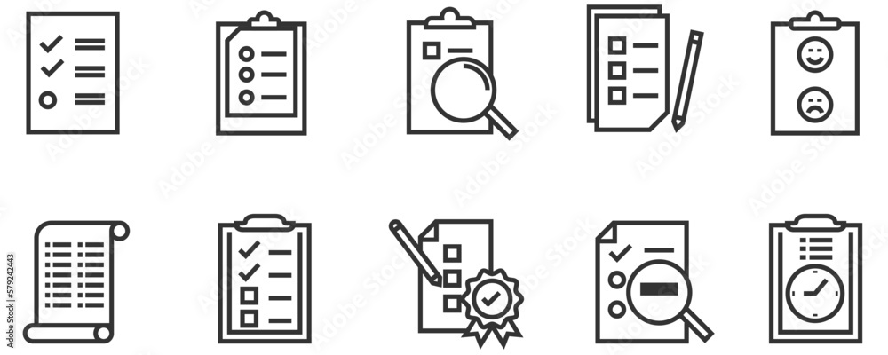 Poster set of record checklist paper. business work check and resume document icon. premium thin line vecto