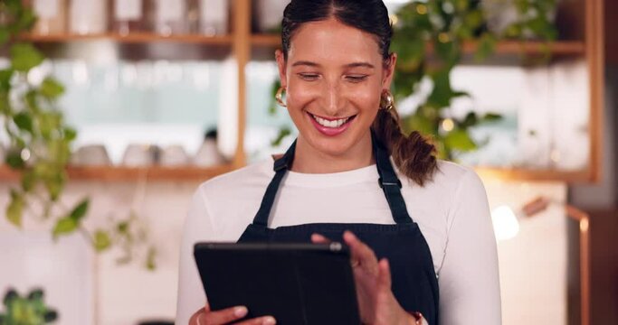 Cafe barista or happy woman on tablet for ecommerce, online services and restaurant sales promotion. Small business owner, waitress or retail person on digital technology for coffee shop or cafeteria