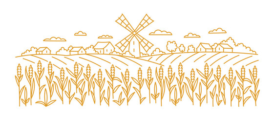 Landscape fields with a windmill. Wheat spikelets in the foreground. Vector contour line. Editable outline stroke.