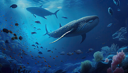 Obraz na płótnie Canvas Tropical Sea Animals in Deep Blue Ocean Seascape Background AI Generative