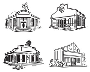 Gym and fitness center, Party center, night club buildings architecture vector black outline isolated on white background, hand drawing sketch of buildings
