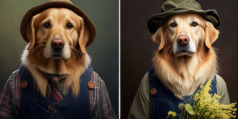 golden retriever dressed as an gardner