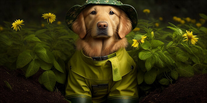 golden retriever dressed as an gardner
