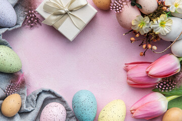 Pink tulips and Easter eggs background