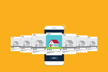 House for rent. Smartphone app with house icons, house for rent or sale ,house selection concept.	