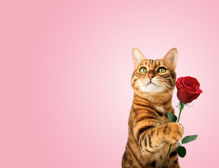 Fototapeta na wymiar Ginger cat with rose flower in paw