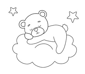 Cute dreaming bear on cloud. Cartoon hand drawn vector outline illustration for coloring book. Line baby animal