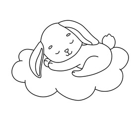 Cute dreaming bunny on cloud. Cartoon hand drawn vector outline illustration for coloring book. Line baby animal