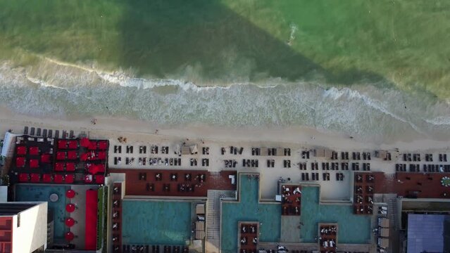 Bird's Eye Shot Of Beautiful Blue Pools Of Luxury Resorts On Playa Del Carmen Bay, Mexico