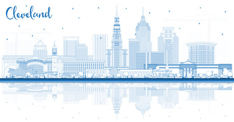 Outline Cleveland Ohio City Skyline with Blue Buildings and Reflections. Vector Illustration. Cleveland USA Cityscape with Landmarks. - obrazy, fototapety, plakaty