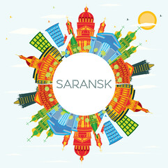 Saransk Russia City Skyline with Color Buildings, Blue Sky and Copy Space. Vector Illustration. Saransk Cityscape with Landmarks.