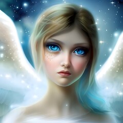 Aniołek, duże niebieskie oczy, jasne włosy, smutna twarz, białe skrzydła. Ilustracja do wykorzystania jako obrazek, okładka książki, kartka. Ilustracja wygenerowana za pomocą AI - obrazy, fototapety, plakaty