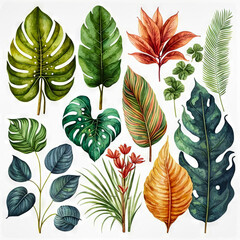 Beautiful colorful tropical leaves. Abstract background or wallpaper. Printable artwork. Generative AI.