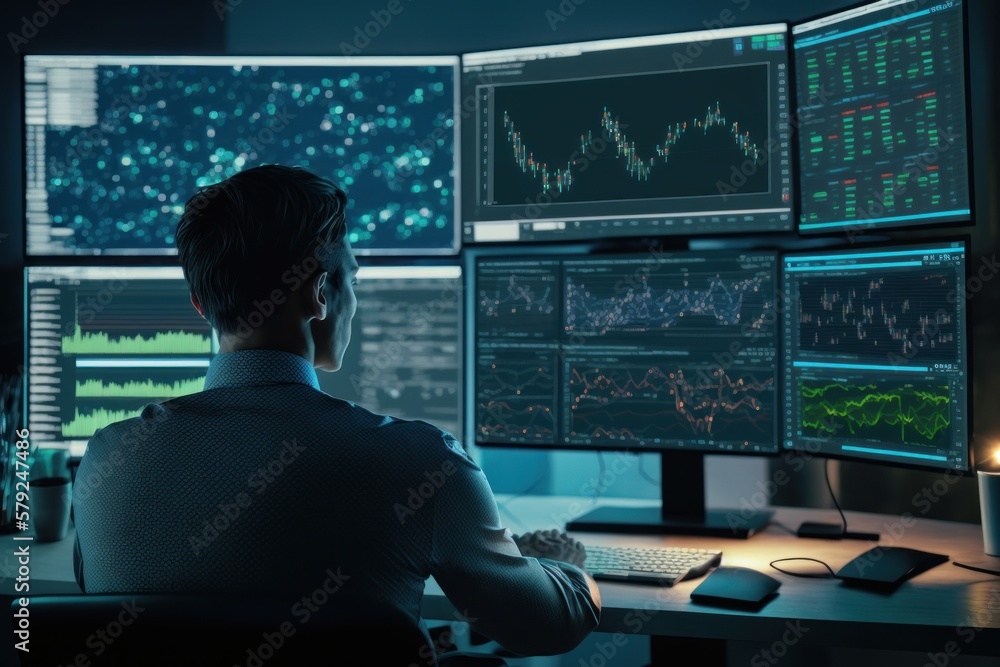 Poster rear view of a businessman sitting in front of computer monitors with stock market data. generative 