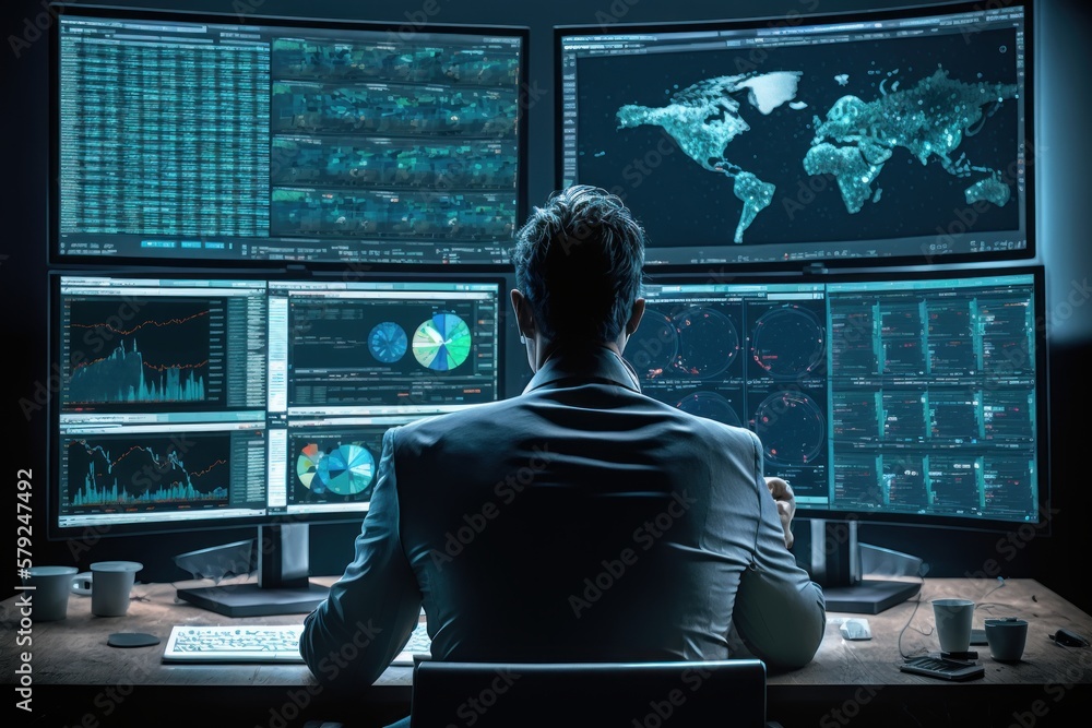 Poster back view of young businessman looking at monitor with stock market data on screen. generative ai