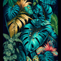 Beautiful colorful tropical leaves. Abstract background or wallpaper. Printable artwork. Generative AI.