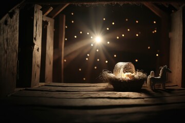 Nativity Scene with baby Jesus in the crib at night. Easter greeting card. Generative AI