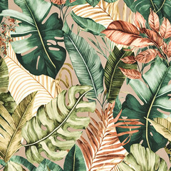 Beautiful colorful tropical leaves. Abstract background or wallpaper. Printable artwork. Generative AI.