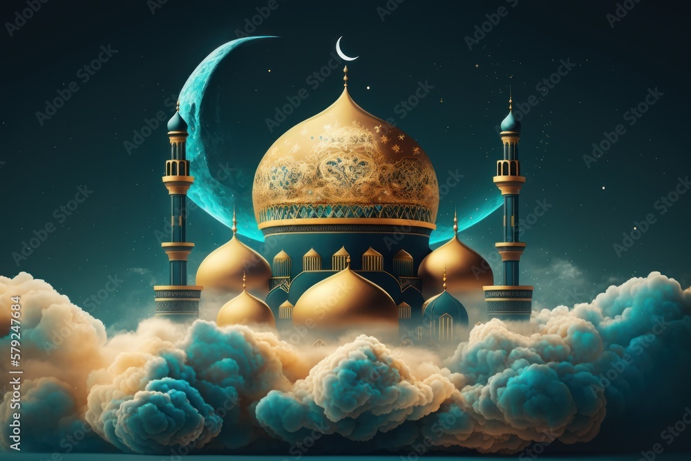 Poster ramadan kareem background with mosque and clouds. generative ai