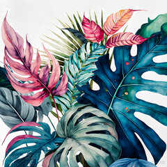 Beautiful colorful tropical leaves. Abstract background or wallpaper. Printable artwork. Generative AI.