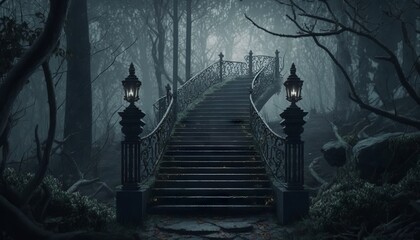 Staircase in the forest. Generative AI. Halloween concept